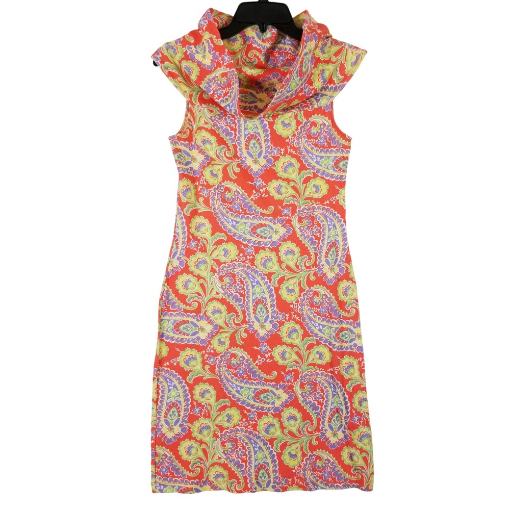 Lauren Ralph Lauren Orange Paisley Floral Cowl Neck Cotton Sheath Dress M